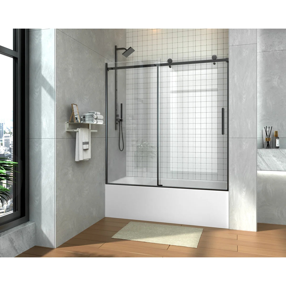 iBath Sliding Frameless Tub Door, 55"–59" W x 60" H, 5/16" Tempered Glass, Matte Black, TE-1-5960-MB-40-W