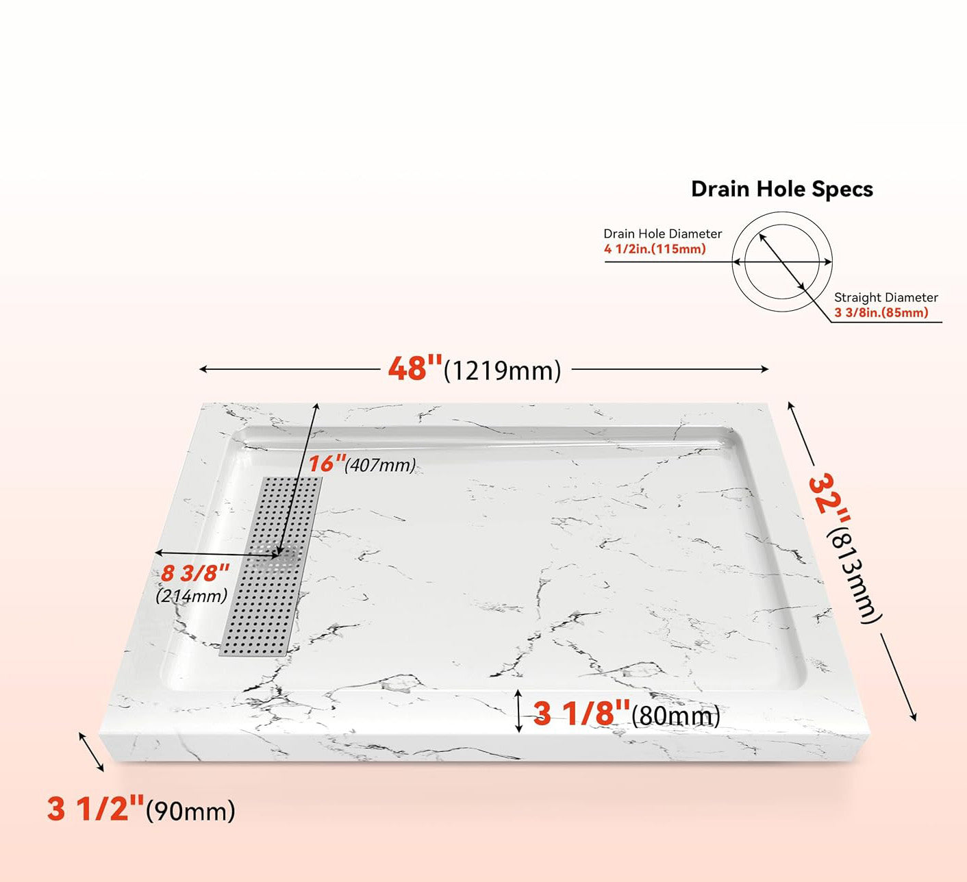 48 in x 32 in Shower Base, with Linear Drain Cover and Reversible, Pre-Sloped Acrylic and Fiberglass Shower Pan with Removable Flanges, Carrara White