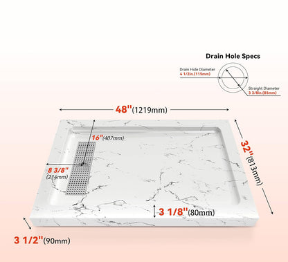 48 in x 32 in Shower Base, with Linear Drain Cover and Reversible, Pre-Sloped Acrylic and Fiberglass Shower Pan with Removable Flanges, Carrara White