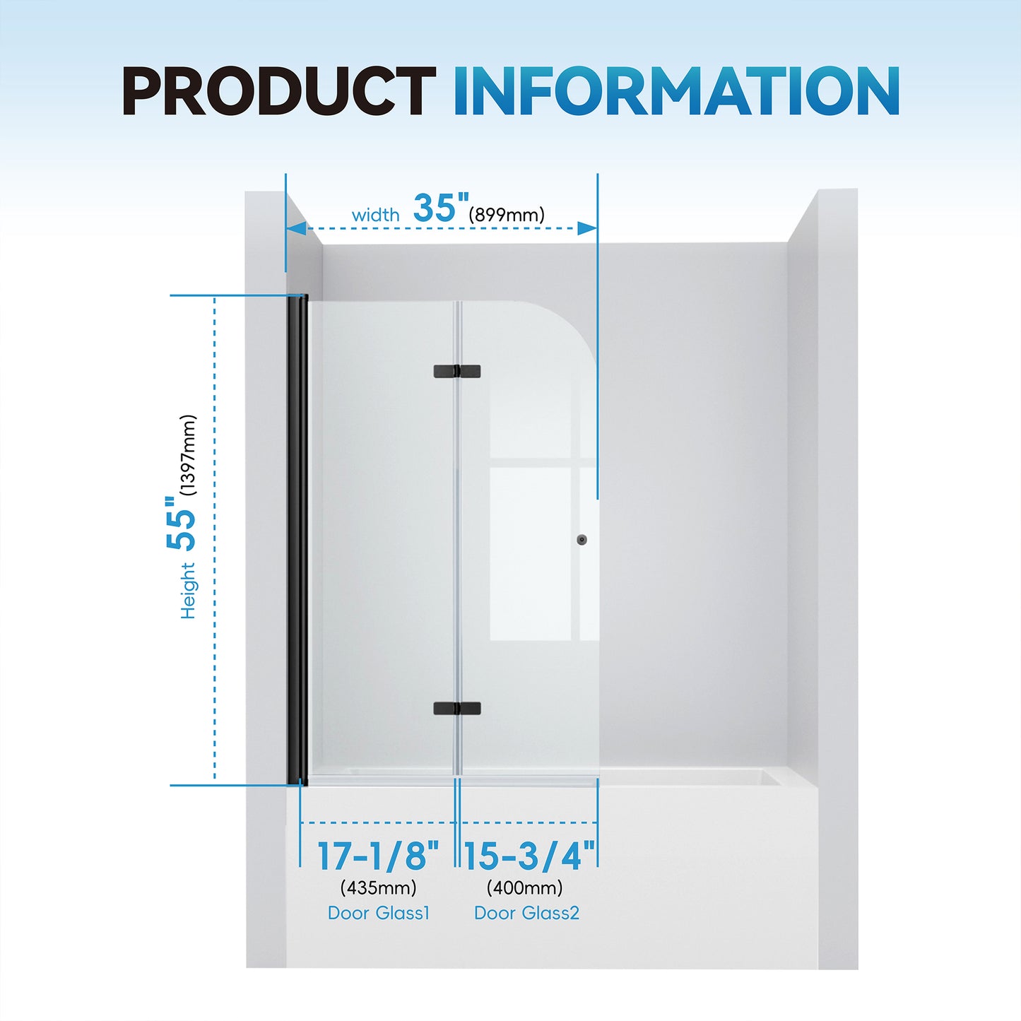 35"x55" Frameless Aluminum Pivot Shower Bathtub Door