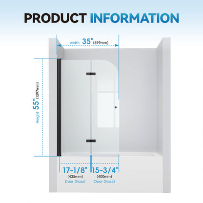 35"x55" Frameless Aluminum Pivot Shower Bathtub Door