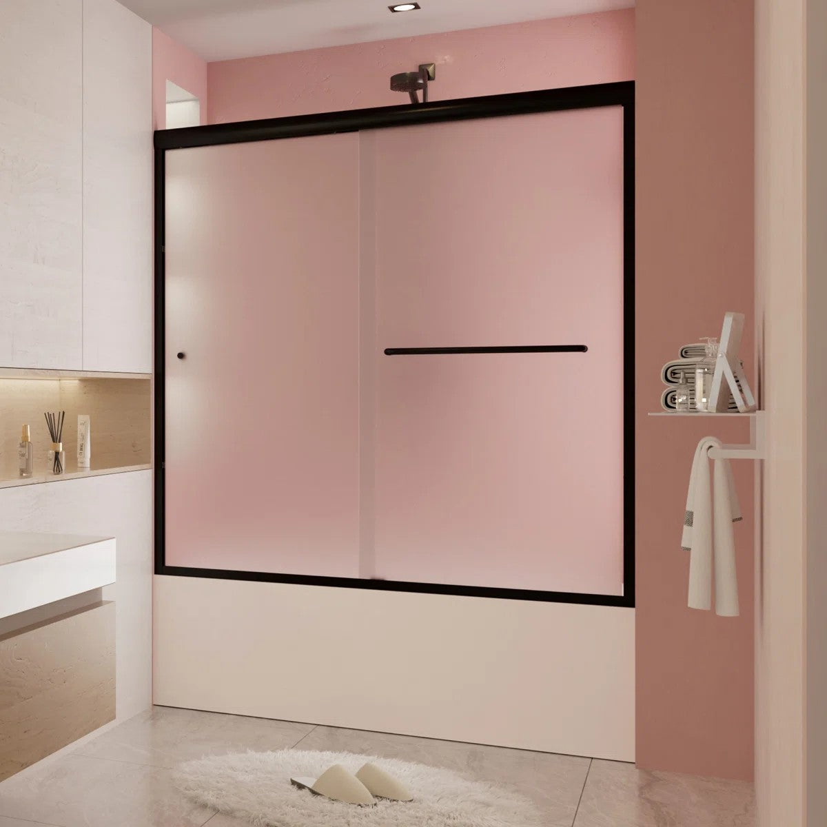 55" to 59" W x 56" H Matte Black Double Sliding Semi-Frameless Tub Door with Frosted Glass HX5956MB-F-W