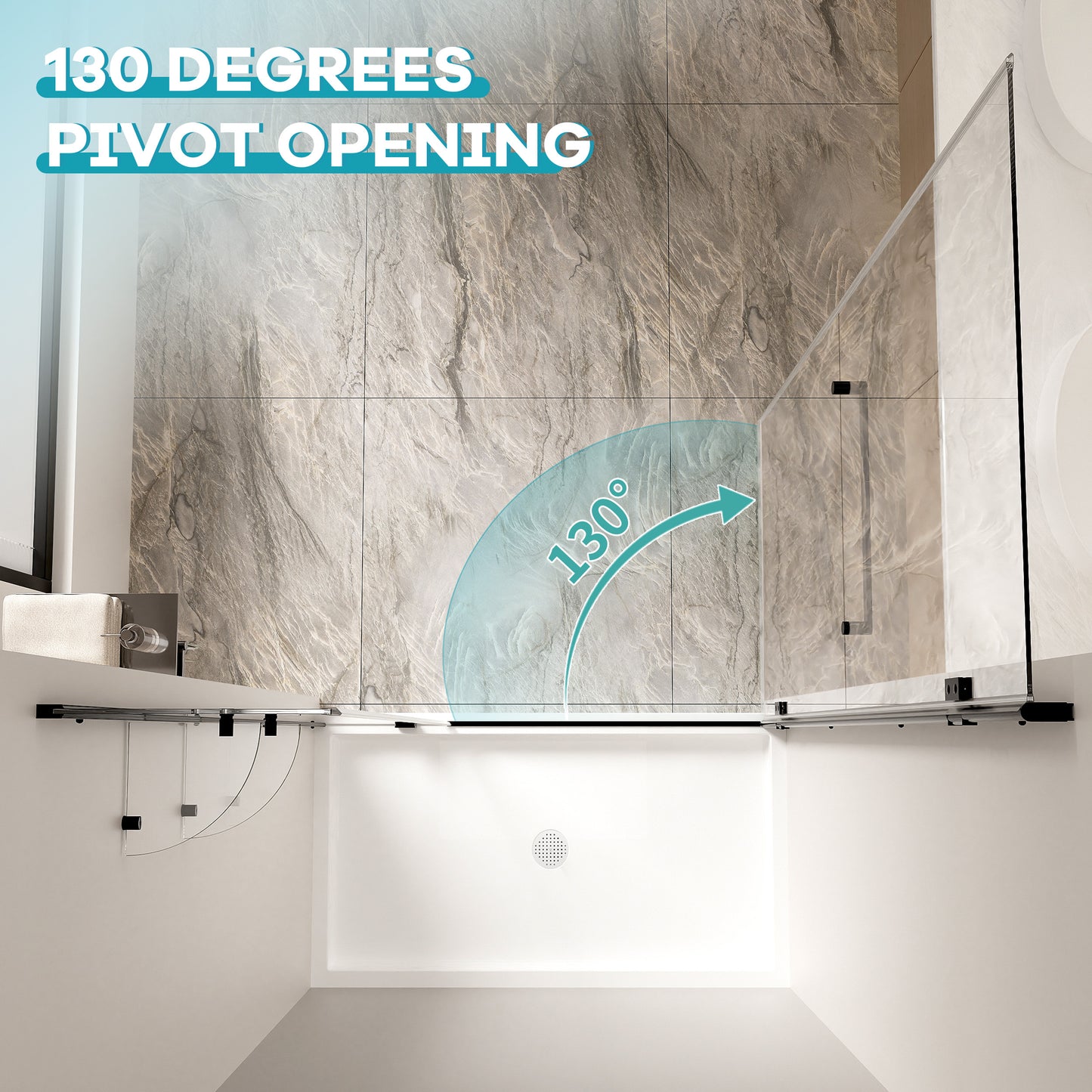 Okaybay 46–48" W x 72" H Frameless Pivot Shower Door with Shelves, 1/4" Clear Glass, Matte Black