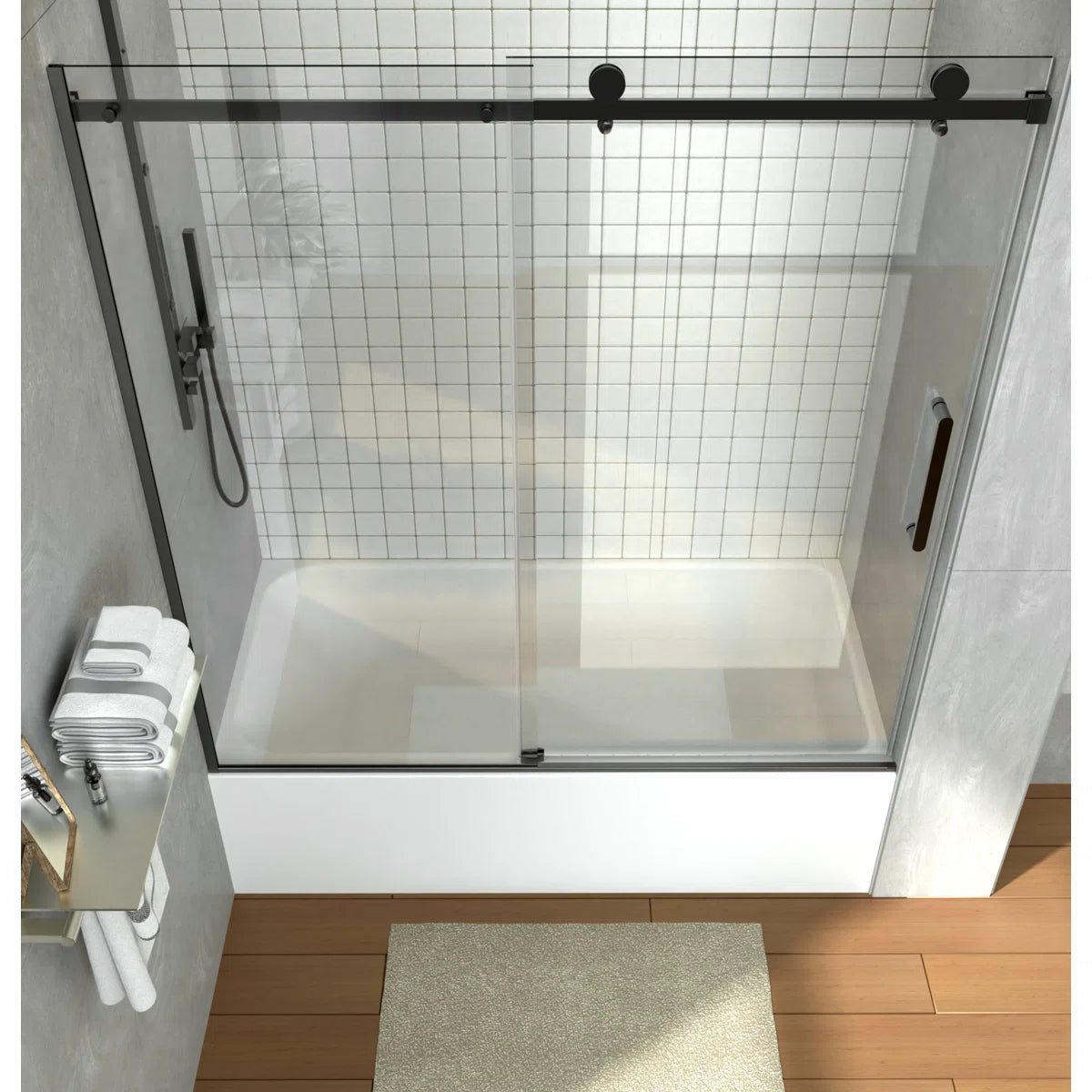 iBath Sliding Frameless Tub Door, 55"–59" W x 60" H, 5/16" Tempered Glass, Matte Black, TE-1-5960-MB-40-W