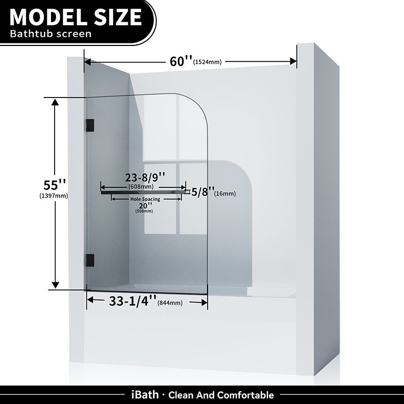 33'' W x 55'' H Frameless Hinged Tub Door – Customizable to Fit Your Needs - ibathshowers