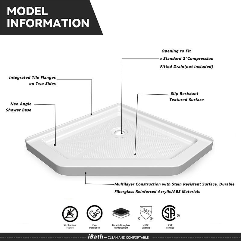 36 in. L x 36 in. W. H Corner Drain Shower Base - ibathshowers