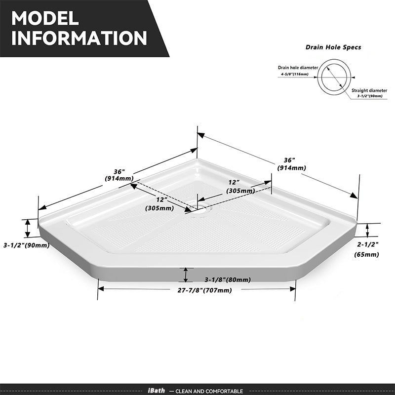 36 in. L x 36 in. W. H Corner Drain Shower Base - ibathshowers