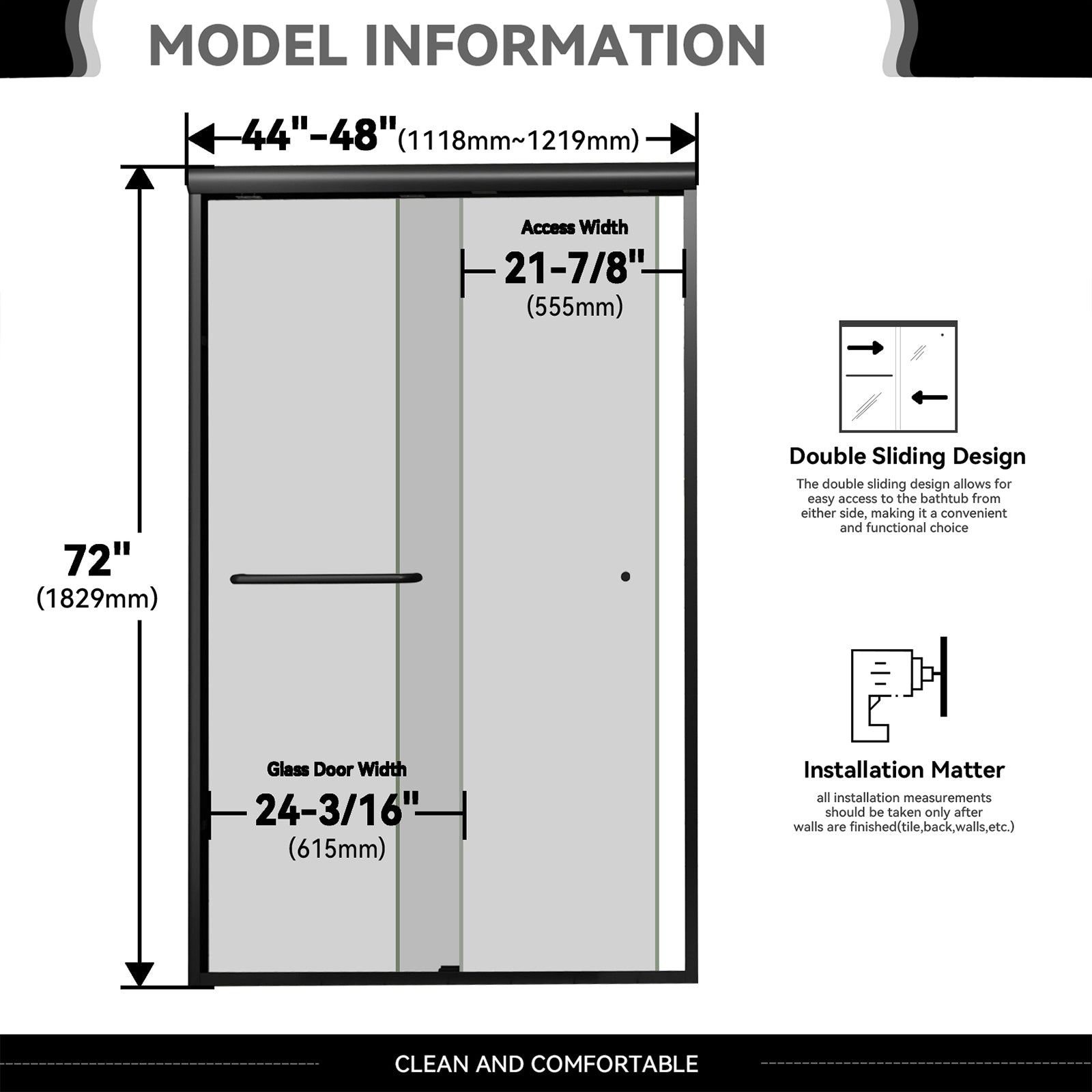 44 - 48 in. W Adjustable x 72 in. H Double Sliding Shower Door - ibath shower door