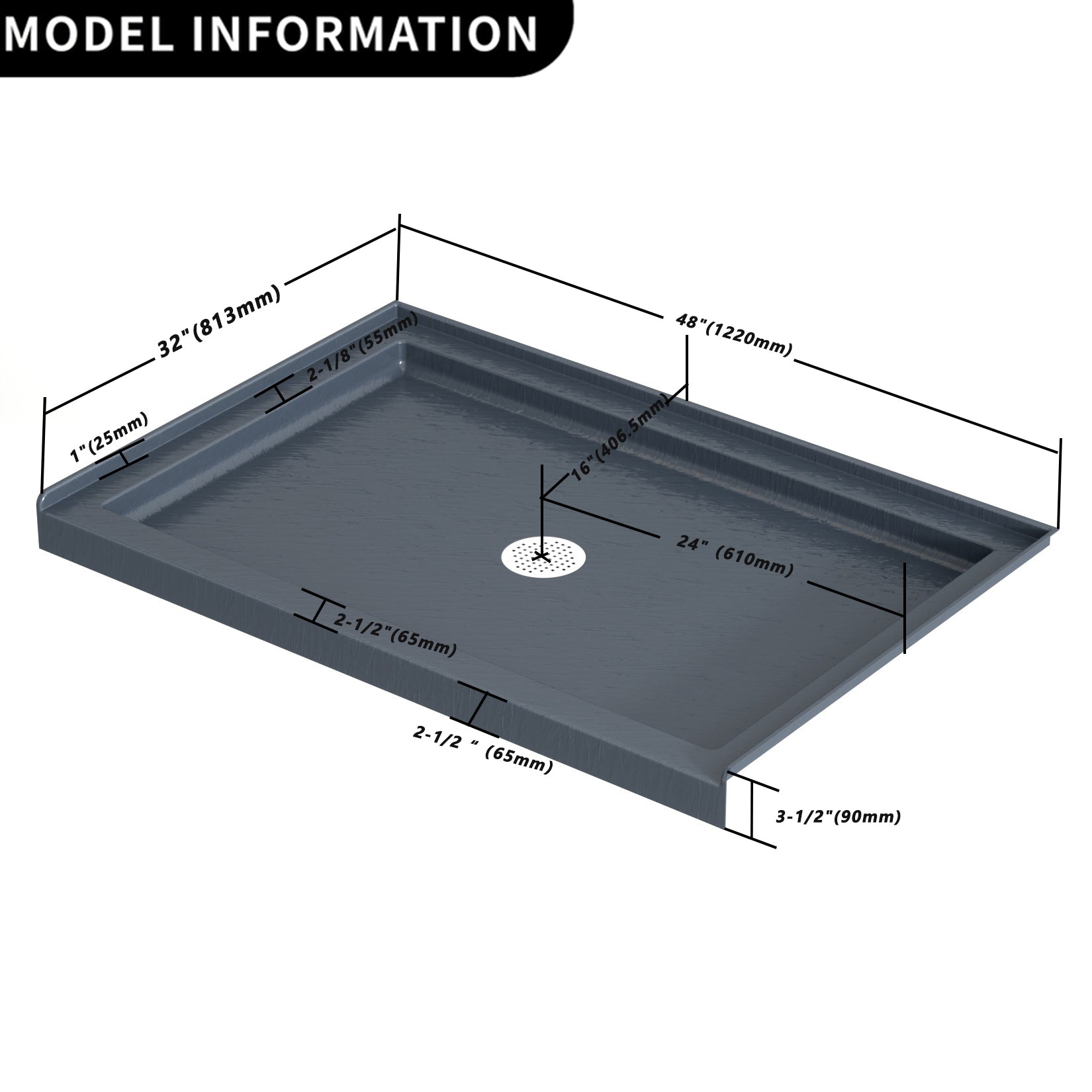 48" x 32" Grey Shower Base – Slip - Resistant, Center Drain, Single Threshold for Safe, Stylish Showers - ibathshowers