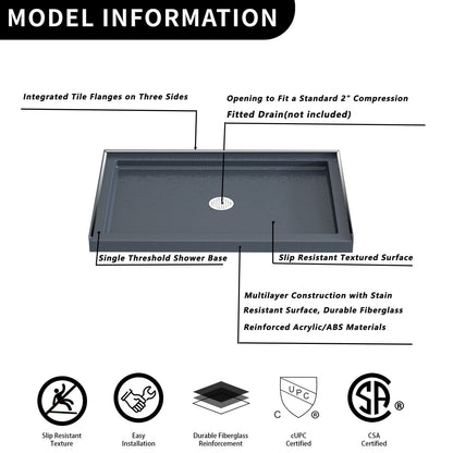 48" x 32" Grey Shower Base – Slip - Resistant, Center Drain, Single Threshold for Safe, Stylish Showers - ibathshowers