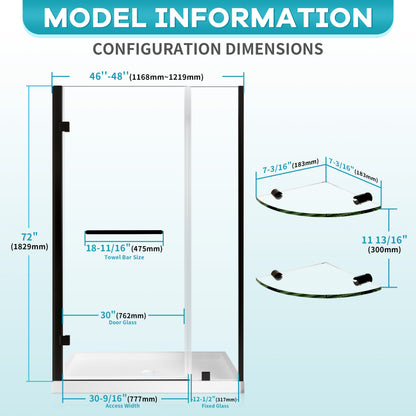 Okaybay 46–48" W x 72" H Frameless Pivot Shower Door with Shelves, 1/4" Clear Glass, Matte Black