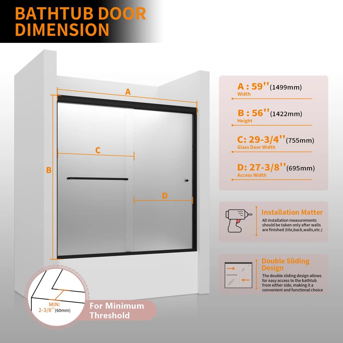 55" to 59" W x 56" H Matte Black Double Sliding Semi-Frameless Tub Door with Frosted Glass HX5956MB-F-W