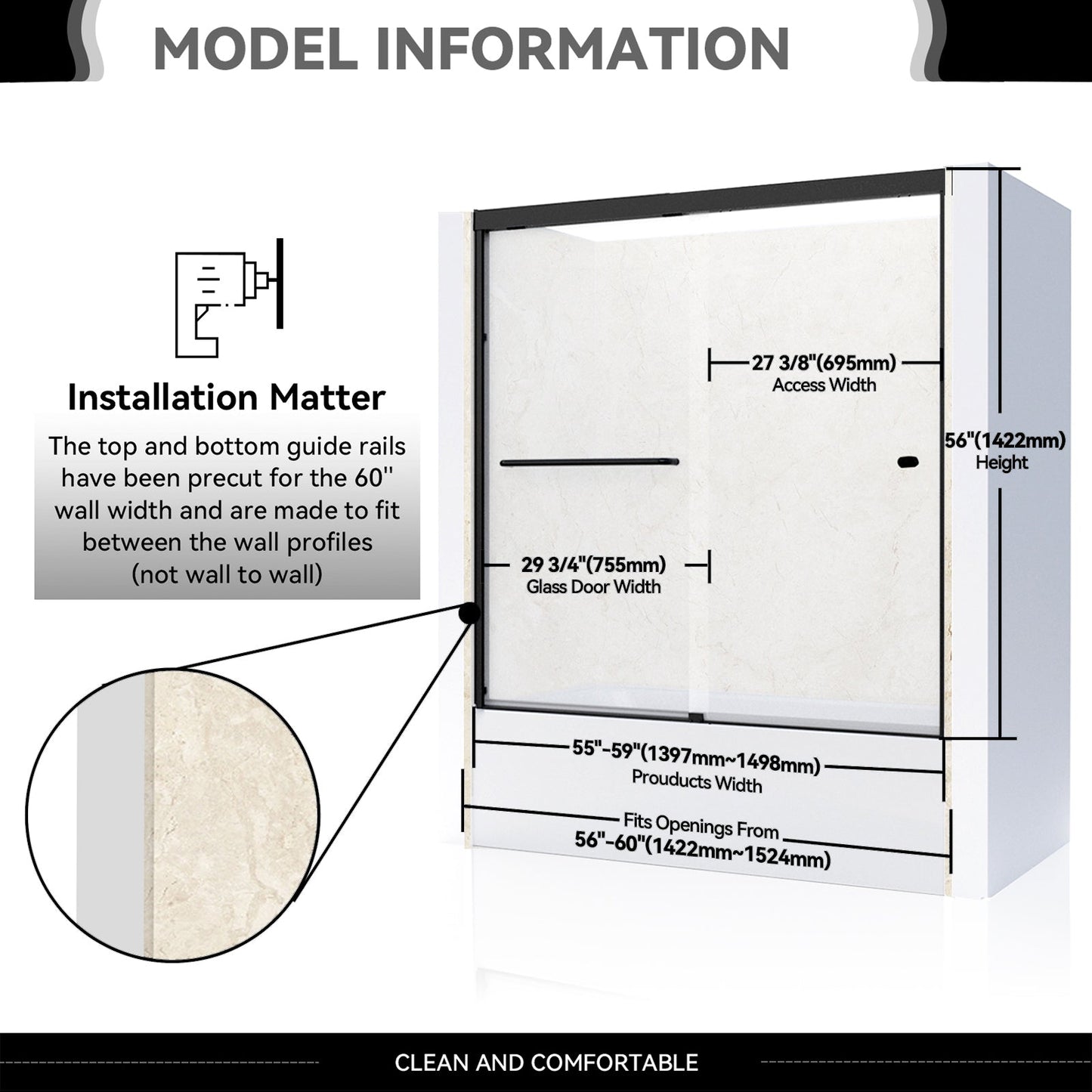 59"*56" Frameless Sliding Tub Door - ibath shower door
