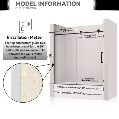 59"*60" Single Sliding Frameless Bathub Door - ibath shower door