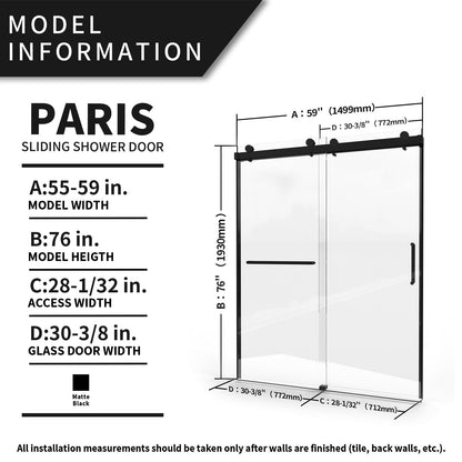 59"*76" Double Sliding Frameless Shower Door IN Matt Black - ibath shower door