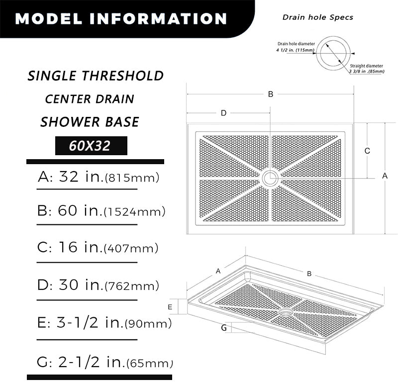 60 in. L x 32 in. W Center Drain Shower Base， White - ibathshowers