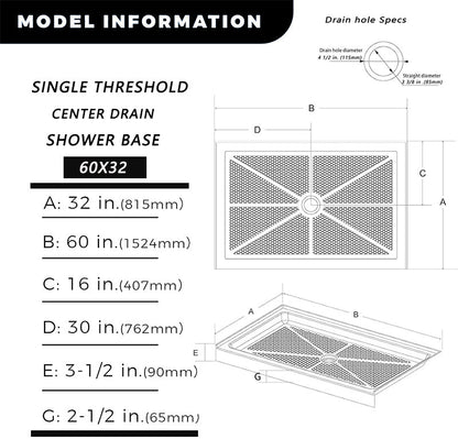 60 in. L x 32 in. W Center Drain Shower Base， White - ibathshowers