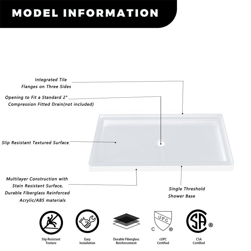 60 in. L x 32 in. W Center Drain Shower Base， White - ibathshowers