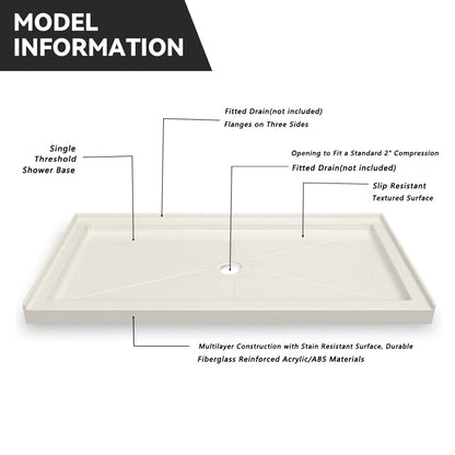 60 in. L x 32 in. W Center Drain Shower Base,Beige - ibathshowers