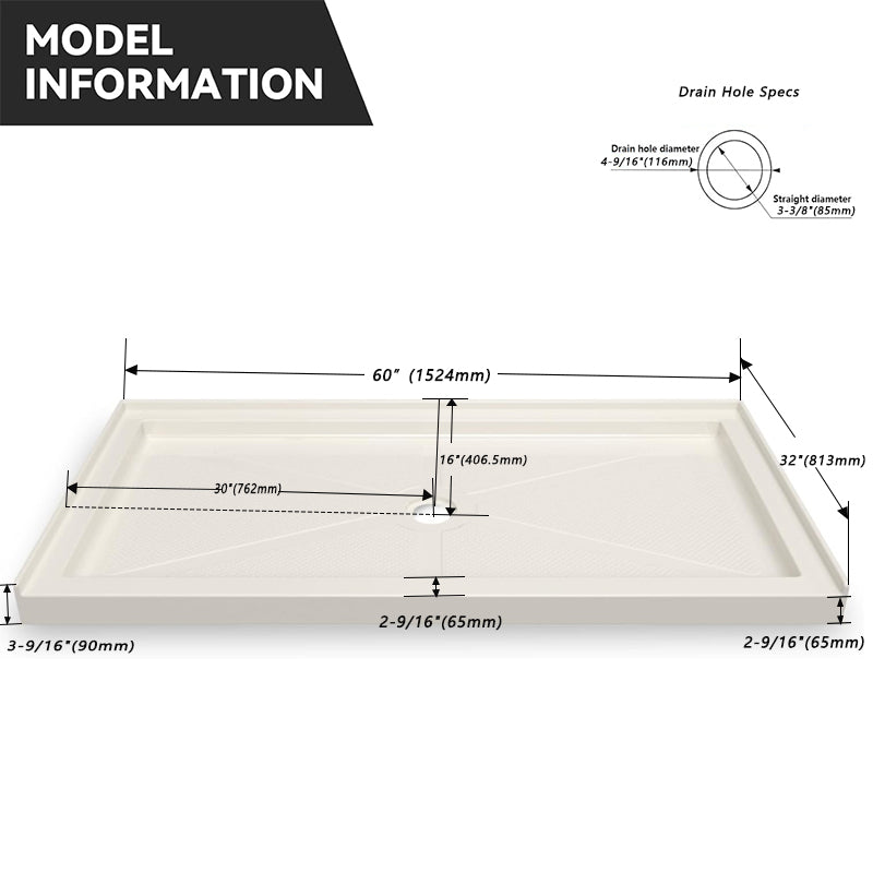 60 in. L x 32 in. W Center Drain Shower Base,Beige - ibathshowers