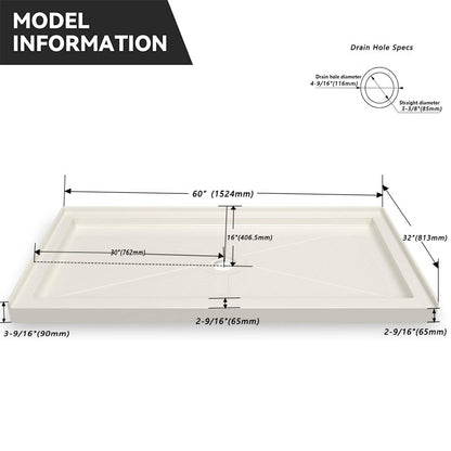 60 in. L x 32 in. W Center Drain Shower Base,Beige - ibathshowers