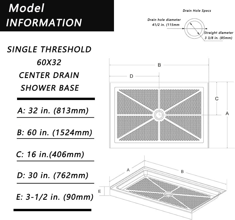 60 in. L x 32 in. W Center Drain Shower Base,Single Threshold Shower Pan,Black - ibathshowers