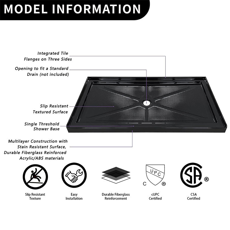 60 in. L x 32 in. W Center Drain Shower Base,Single Threshold Shower Pan,Black - ibathshowers