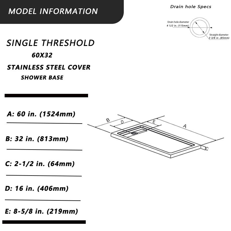 60" L x 32" W Acrylic Shower Base with Stainless Steel Drain & 3 Aluminum Flanges – Black - ibathshowers