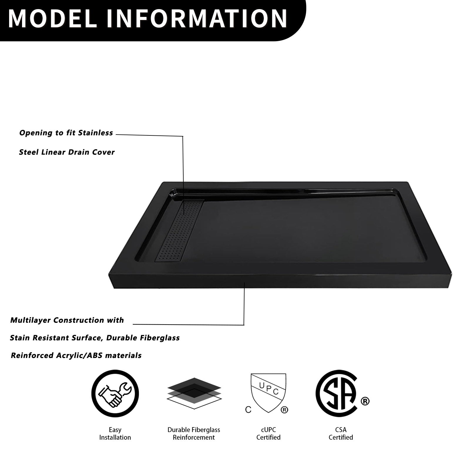 60" L x 32" W Acrylic Shower Base with Stainless Steel Drain & 3 Aluminum Flanges – Black - ibathshowers