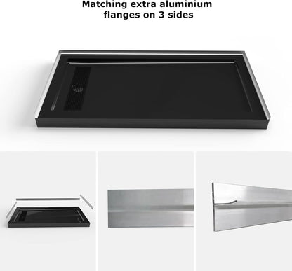 60" L x 32" W Acrylic Shower Base with Stainless Steel Drain & 3 Aluminum Flanges – Black - ibathshowers