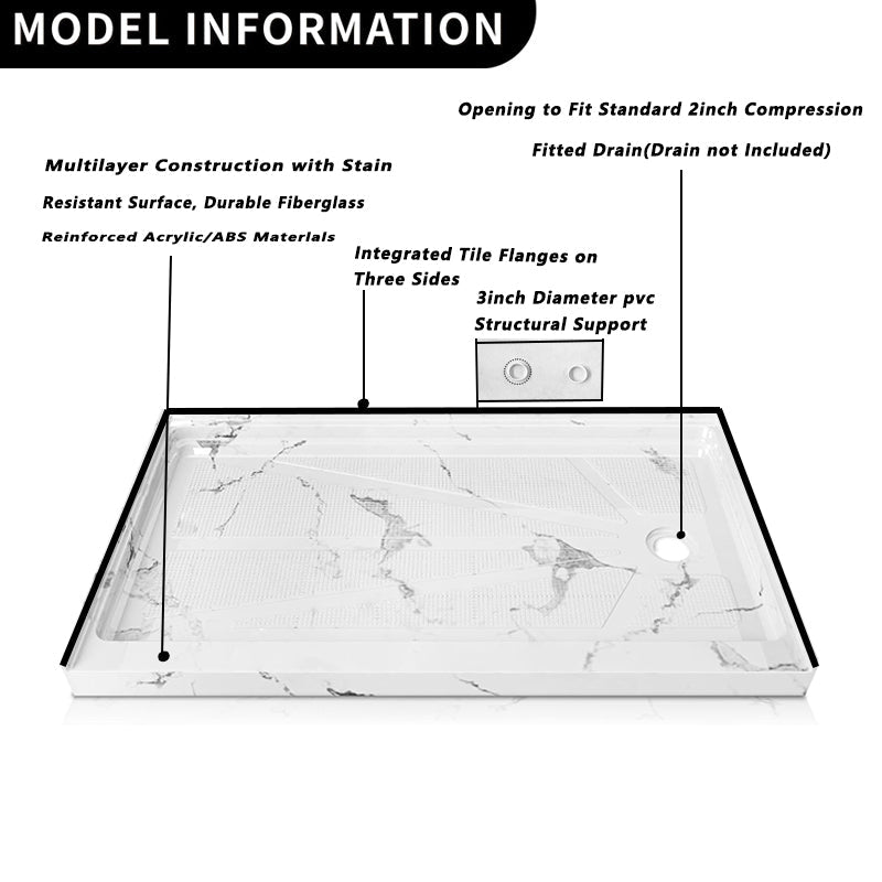 60" x 30" Right Drain Shower Base - Single Threshold, Slip - Resistant Textured Surface, Marble White Finish - ibathshowers