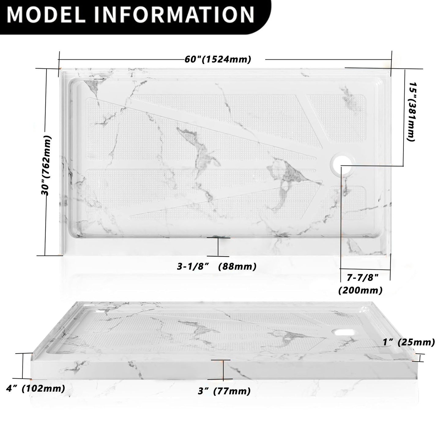 60" x 30" Right Drain Shower Base - Single Threshold, Slip - Resistant Textured Surface, Marble White Finish - ibathshowers