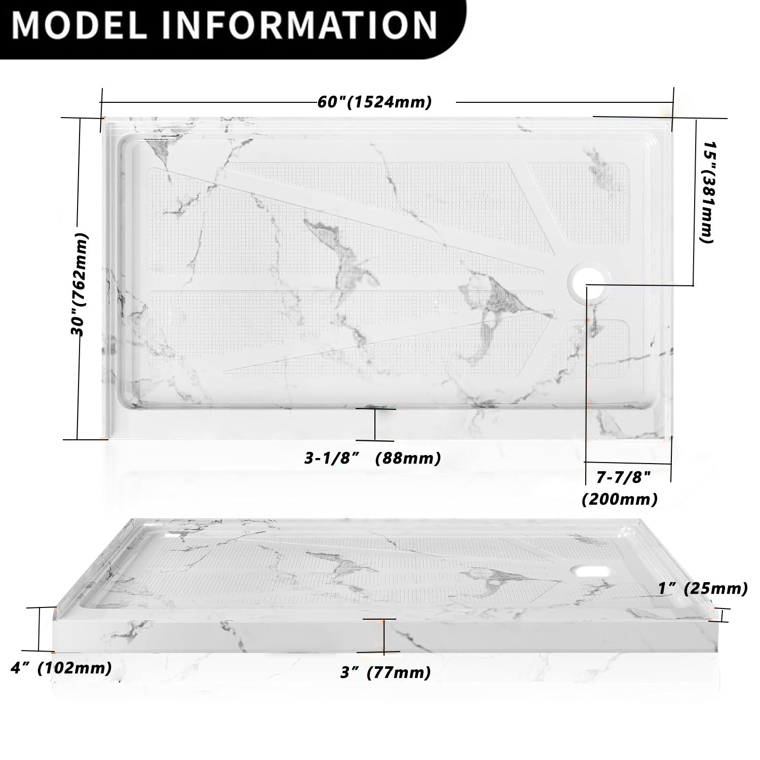 60" x 30" Right Drain Shower Base - Single Threshold, Slip - Resistant Textured Surface, Marble White Finish - ibathshowers