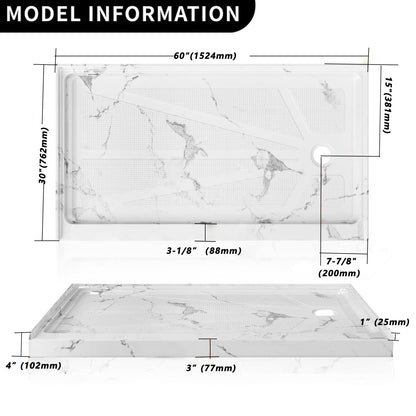 60" x 30" Right Drain Shower Base - Single Threshold, Slip - Resistant Textured Surface, Marble White Finish - ibathshowers