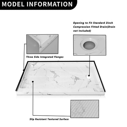 60" x 30" Right Drain Shower Base - Single Threshold, Slip - Resistant Textured Surface, Marble White Finish - ibathshowers
