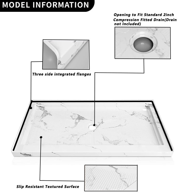 60" x 32" Center Drain Shower Base, Non - Slip Textured Surface, Marble White - ibathshowers