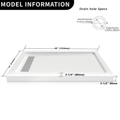 60"x36" Acrylic Shower Base with Stainless Steel Drain, Left/Right Drain Options, White - ibathshowers