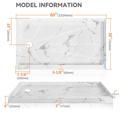 iBath 60" x 30"Left Drain Shower Base - Single Threshold, Slip-Resistant Marble White Shower Pan for Modern Bathrooms