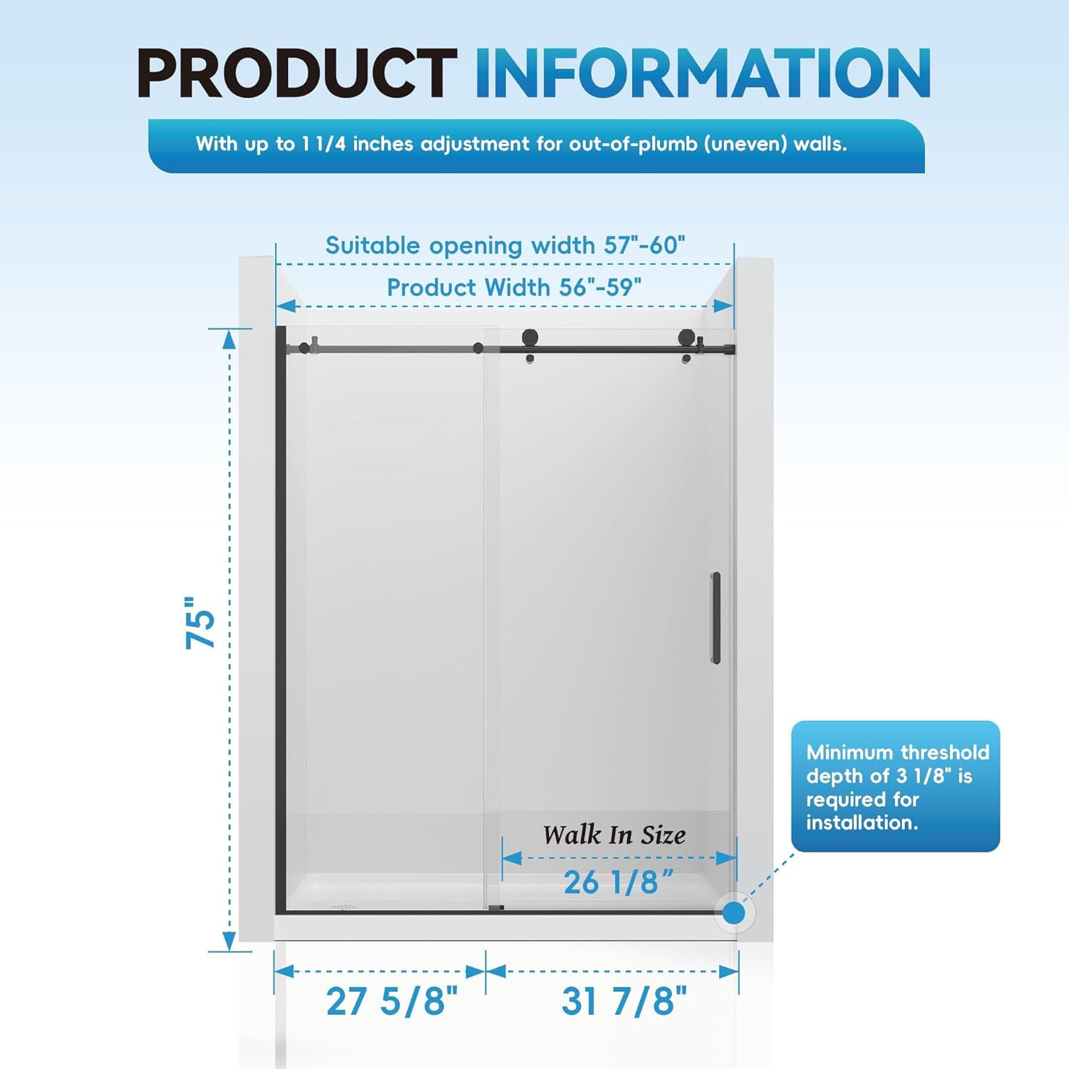 iBath Single Sliding Frameless Shower Door, 55–59