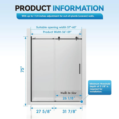 iBath Single Sliding Frameless Shower Door, 55–59" W x 75" H, Rectangular Rail, Matte Black