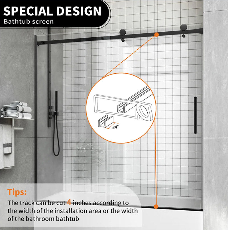 iBath Sliding Frameless Tub Door, 55"–59" W x 60" H, 5/16" Tempered Glass, Matte Black, TE-1-5960-MB-40-W