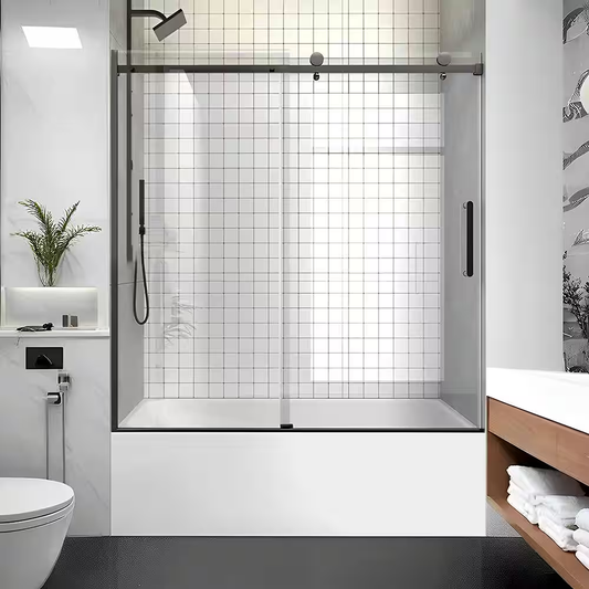 iBath 57-60 in. W x 60 in. H Sliding Frameless Tub Door in Matte Black with Clear Glass