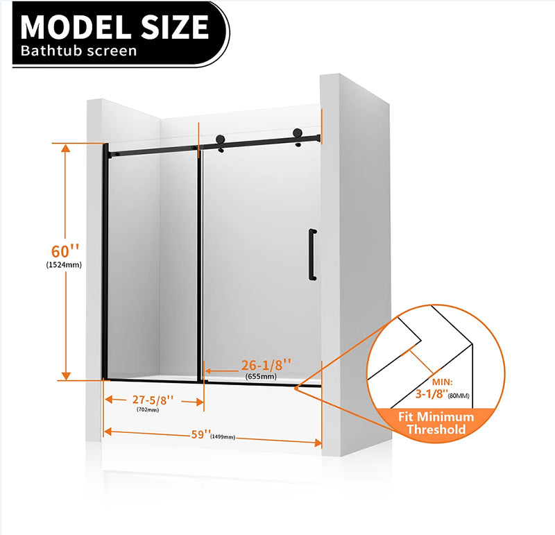iBath Sliding Frameless Tub Door, 55"–59" W x 60" H, 5/16" Tempered Glass, Matte Black, TE-1-5960-MB-40-W