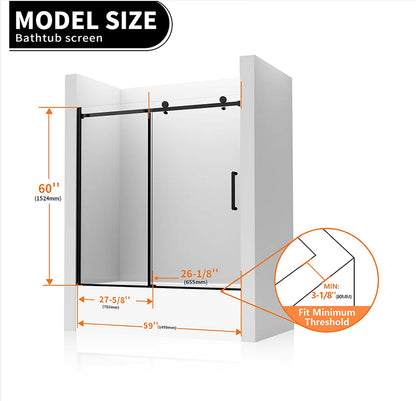 iBath Sliding Frameless Tub Door, 55"–59" W x 60" H, 5/16" Tempered Glass, Matte Black, TE-1-5960-MB-40-W