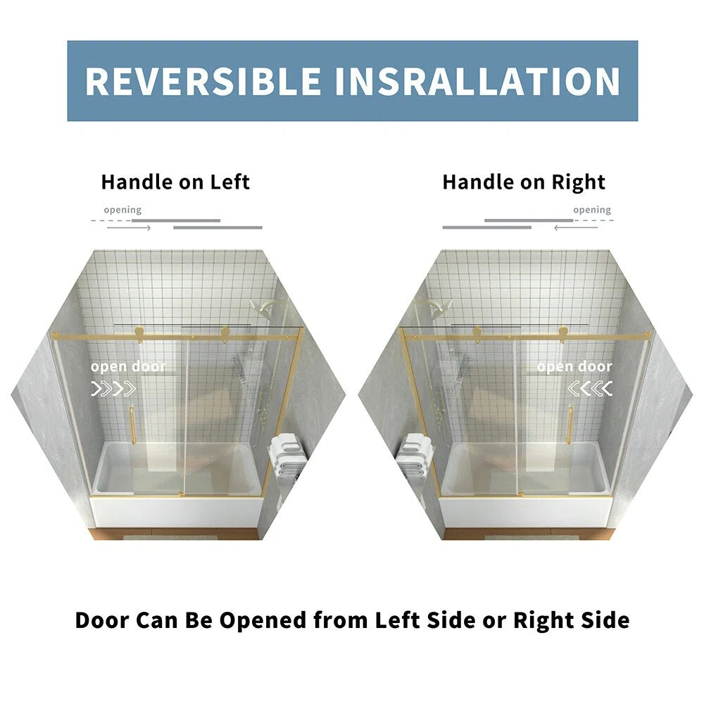 iBath 57-60 in. W x 60 in. H Sliding Frameless Tub Door in Satin Gold with Clear Glass