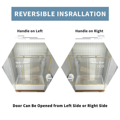 iBath 57-60 in. W x 60 in. H Sliding Frameless Tub Door in Satin Gold with Clear Glass