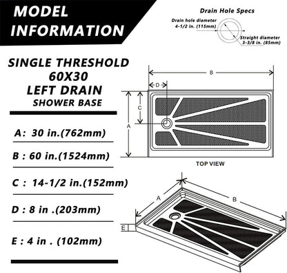iBath 60" x 32" Left Drain Shower Base, Single Threshold Black Shower Pan with Slip-Resistant Surface, Durable Acrylic, Easy Alcove Installation. cUPC Certified.