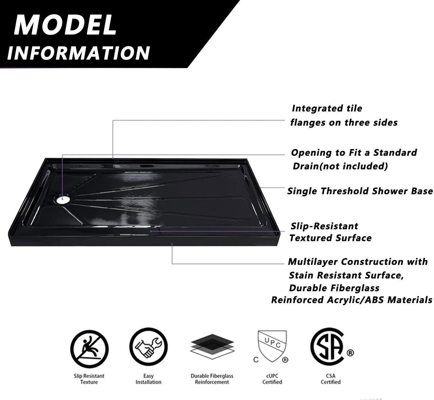 iBath 60" x 32" Left Drain Shower Base, Single Threshold Black Shower Pan with Slip-Resistant Surface, Durable Acrylic, Easy Alcove Installation. cUPC Certified.