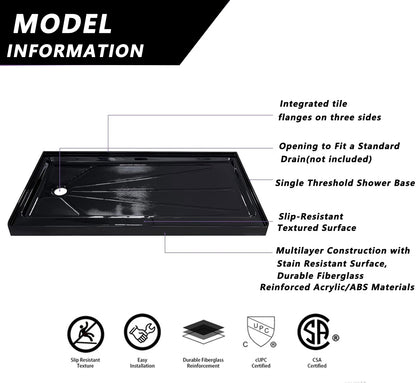 iBath 60" x 32" Left Drain Shower Base, Single Threshold Black Shower Pan with Slip-Resistant Surface, Durable Acrylic, Easy Alcove Installation. cUPC Certified.