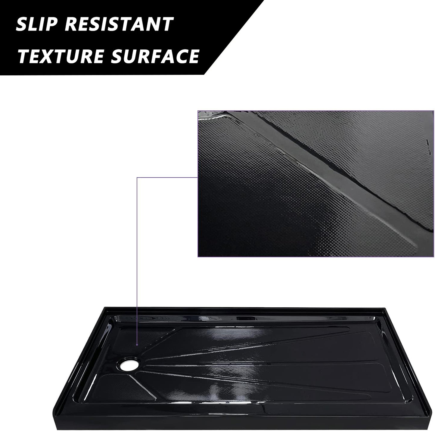 iBath 60" x 32" Left Drain Shower Base, Single Threshold Black Shower Pan with Slip-Resistant Surface, Durable Acrylic, Easy Alcove Installation. cUPC Certified.